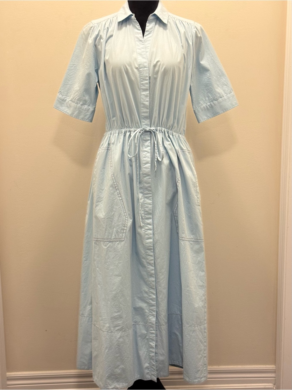 Lilla P Light Blue Maxi Shirt Dress with Drawstring Waist
